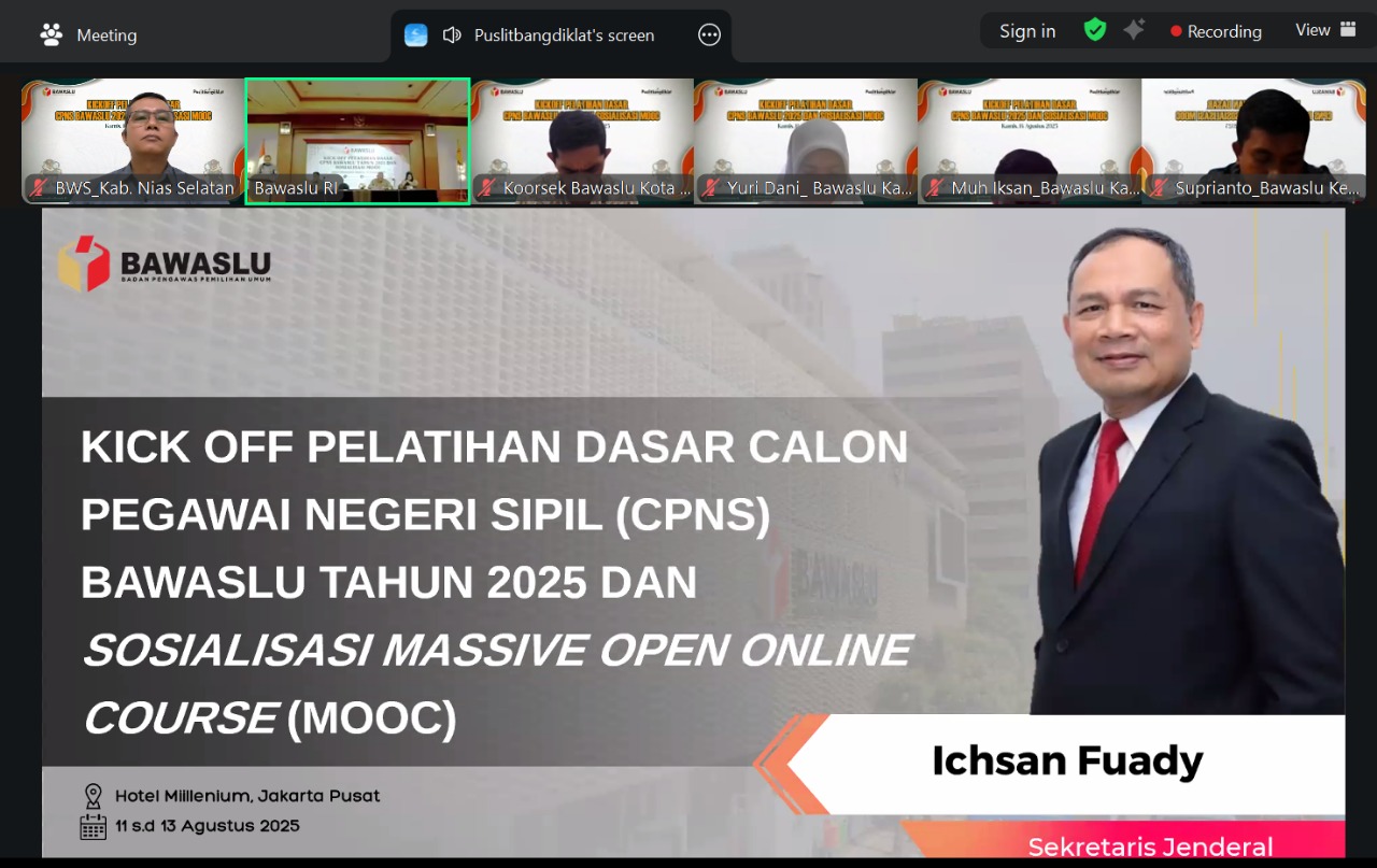 Foto: Kepala Sekretariat Bawaslu Nias Selatan Mengikuti Pembukaan kegiatan Kick Off Pelatihan Dasar Calon Pegawai Negeri Sipil (CPNS) Tahun 2025 sekaligus sosialisasi Massive Open Online Course (MOOC), dibuka oleh Sekjen Bawaslu RI yang  berlangsung pada tanggal 11 s/d 13 Agustus 2025 secara daring.